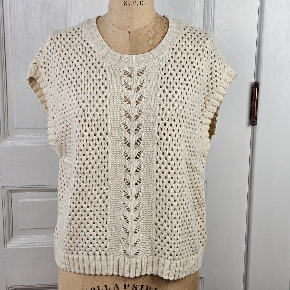 Loft cream holey lacey knit vest sweater cottage preppy grandma M EUC